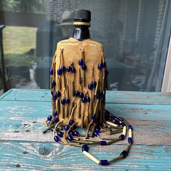 Native American Plains Canteen Bag 10" Leather Brass‎ Conicals Cobalt Blue Beads - Picture 5 of 13